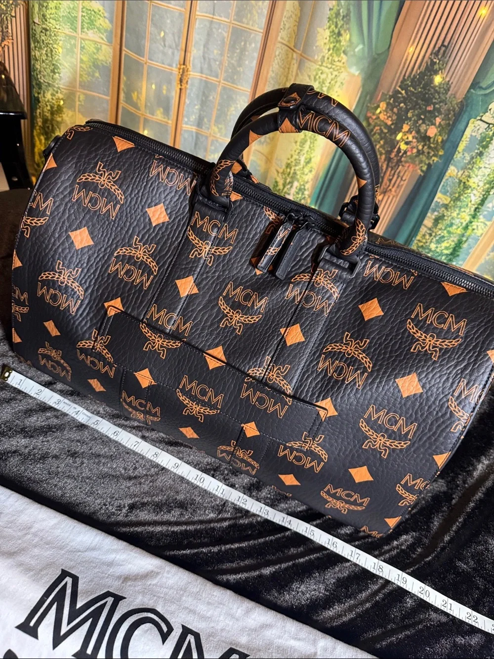 MCM Black Visetos Boston Duffel with Cognac Logo Ottomar Weekender